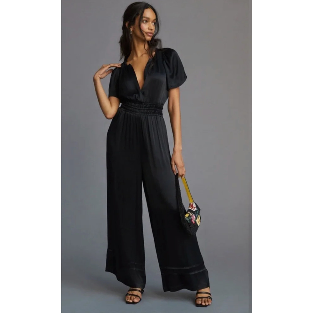 NEW ANTHROPOLOGIE BLACK SATIN THE SOMERSET JUMPSUIT SZ XS